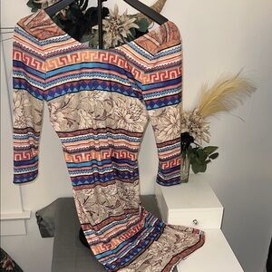 One-Shoulder Multicolor Striped & Floral Knit Dress